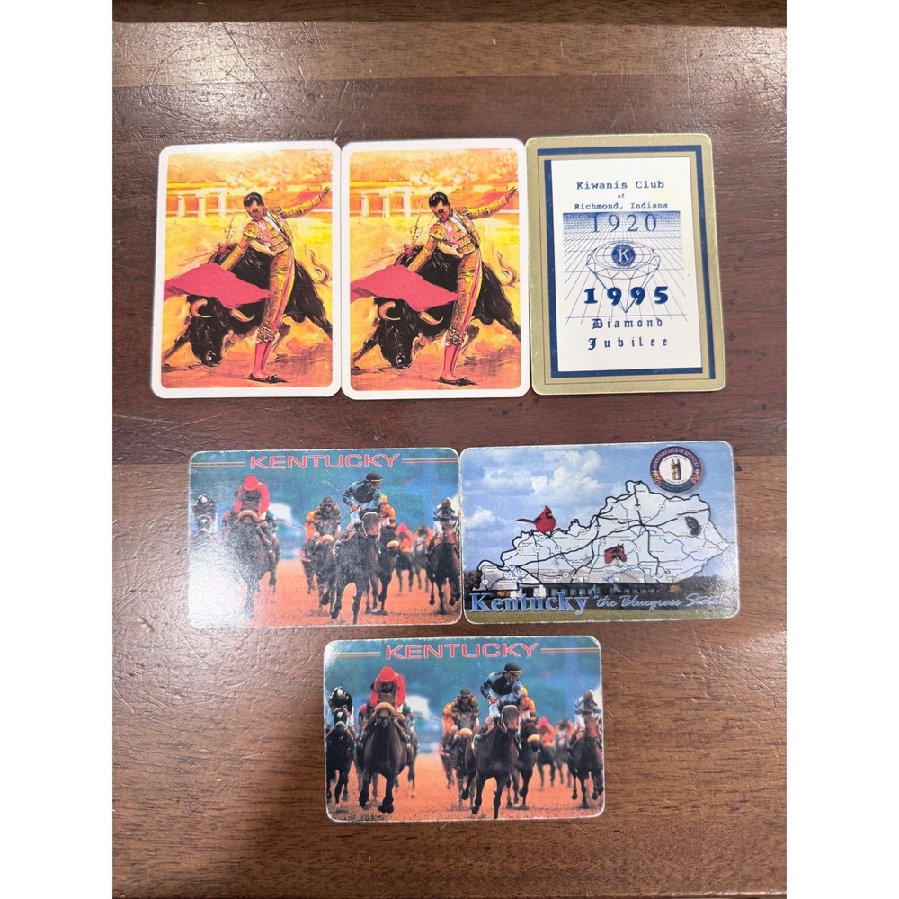 6 Vintage Playing Cards Lot Bullfighting Kentucky Horse Racing Kiwanis Crafts